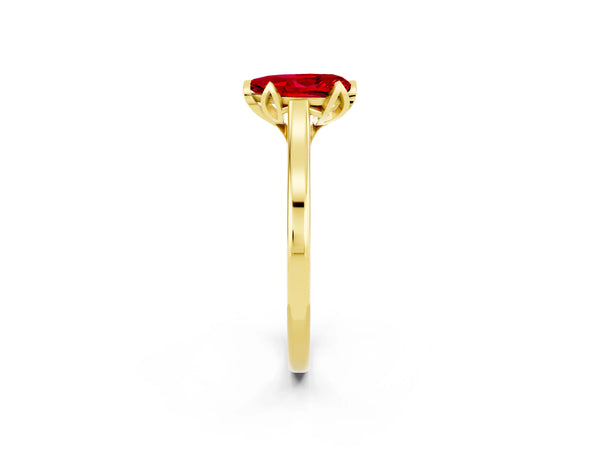 Yellow gold Pear Cut Ruby Solitaire Ring with Flower Prong Setting and Classic Band