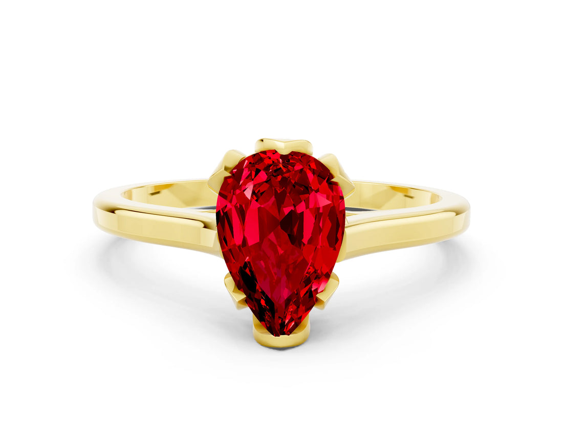Yellow gold Pear Cut Ruby Solitaire Ring with Flower Prong Setting and Classic Band_38