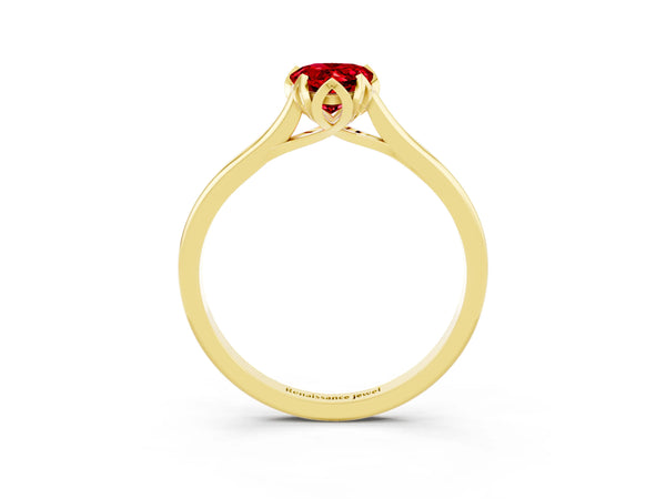 Yellow Gold Pear-Shaped Lab-Grown Ruby Floral Solitaire Engagement Ring with Plain Band
