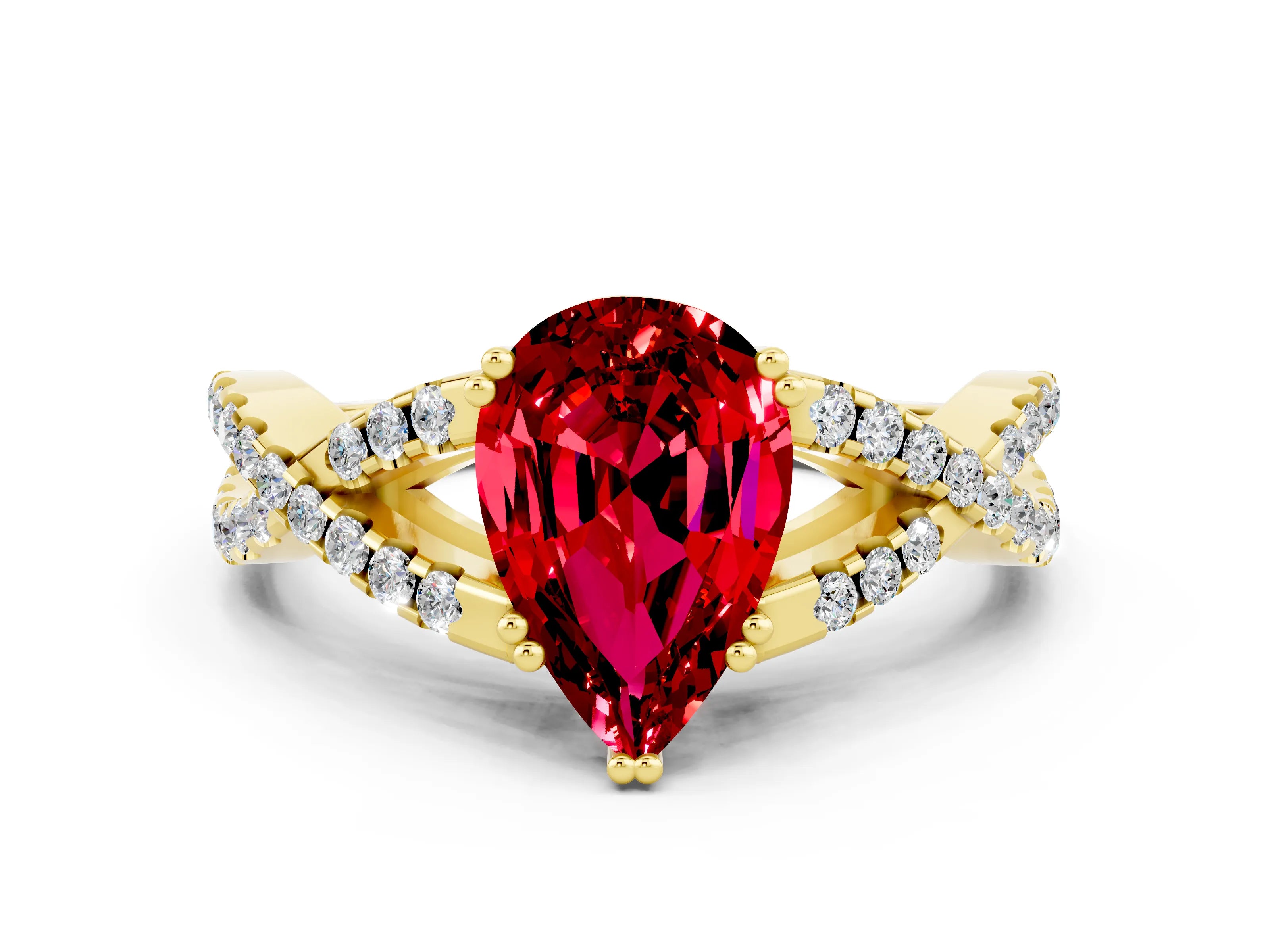Yellow gold Pear Cut Ruby Solitaire Ring with Four-Prong Setting and Twisted Pavé Band