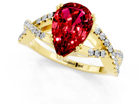 Yellow gold Pear Cut Ruby Solitaire Ring with Four-Prong Setting and Twisted Pavé Band_1