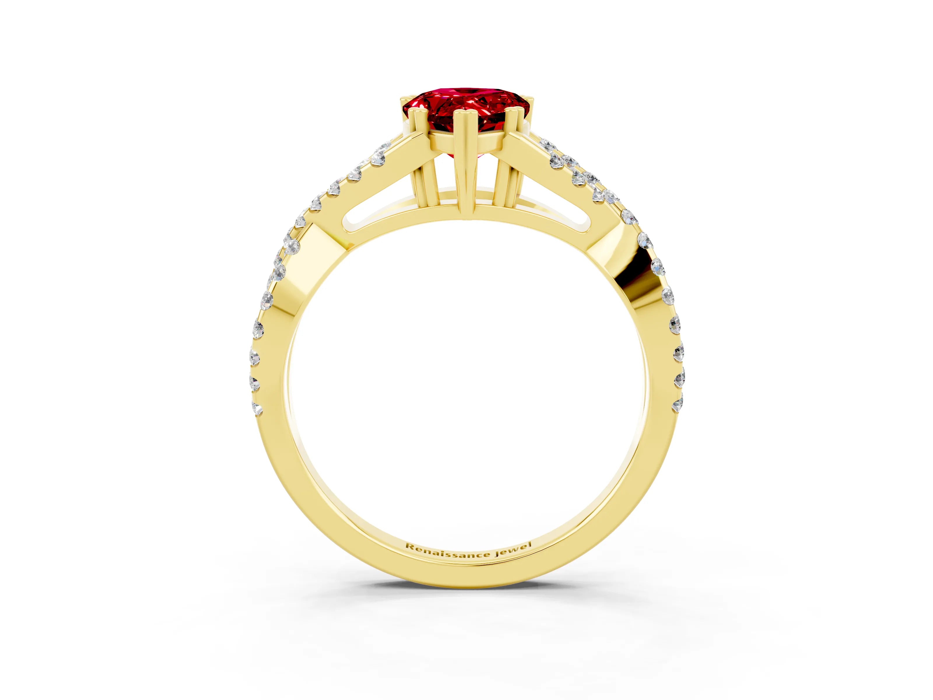 Yellow gold Pear Cut Ruby Solitaire Ring with Four-Prong Setting and Twisted Pavé Band_3