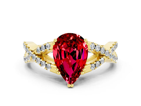 Yellow gold Pear Cut Ruby Solitaire Ring with Four-Prong Setting and Twisted Pavé Band