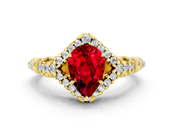 Yellow gold Pear Cut Ruby Solitaire Ring with Hidden Halo and Pavé Band