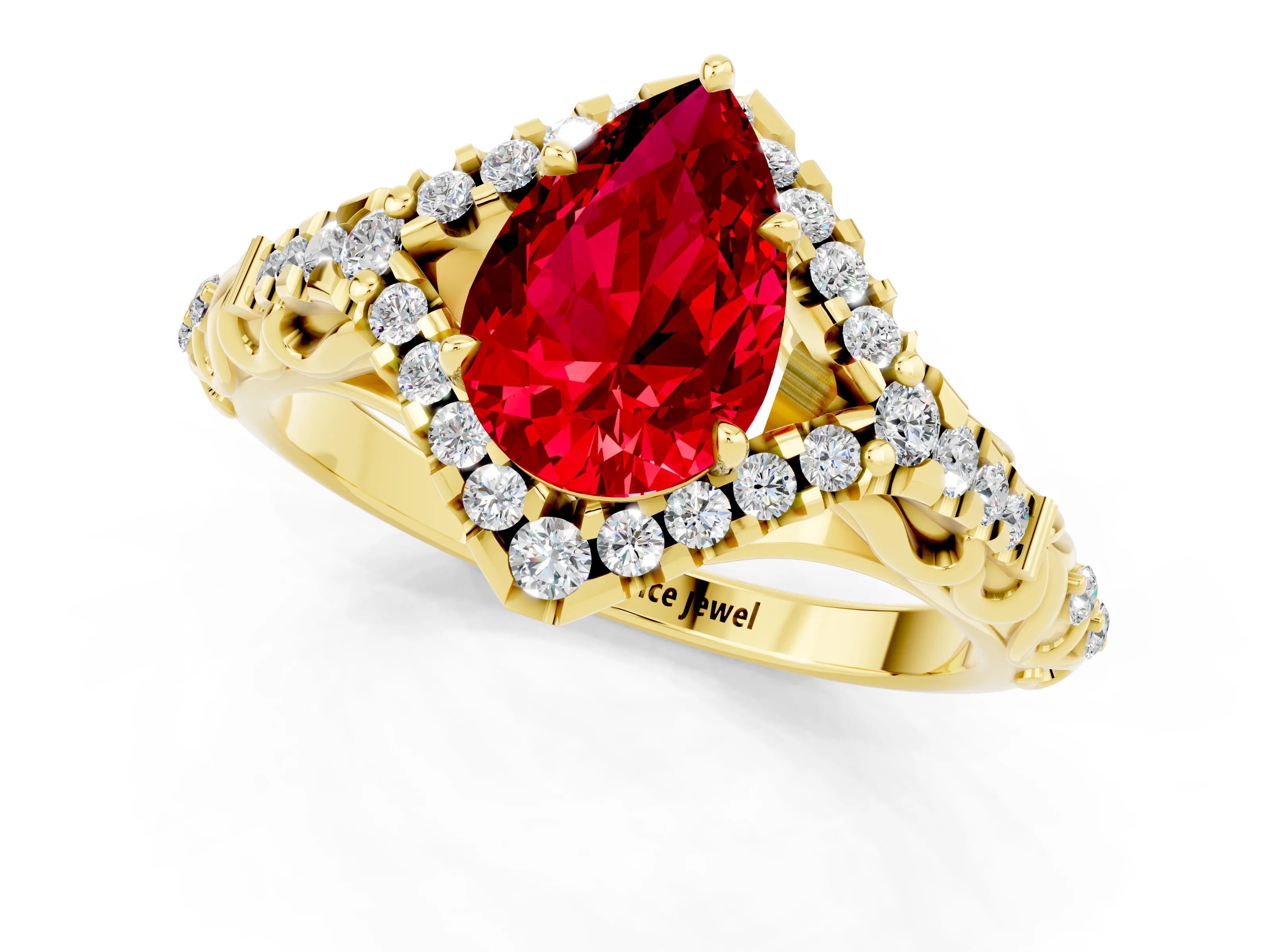 Yellow gold Pear Cut Ruby Solitaire Ring with Hidden Halo and Pavé Band_13