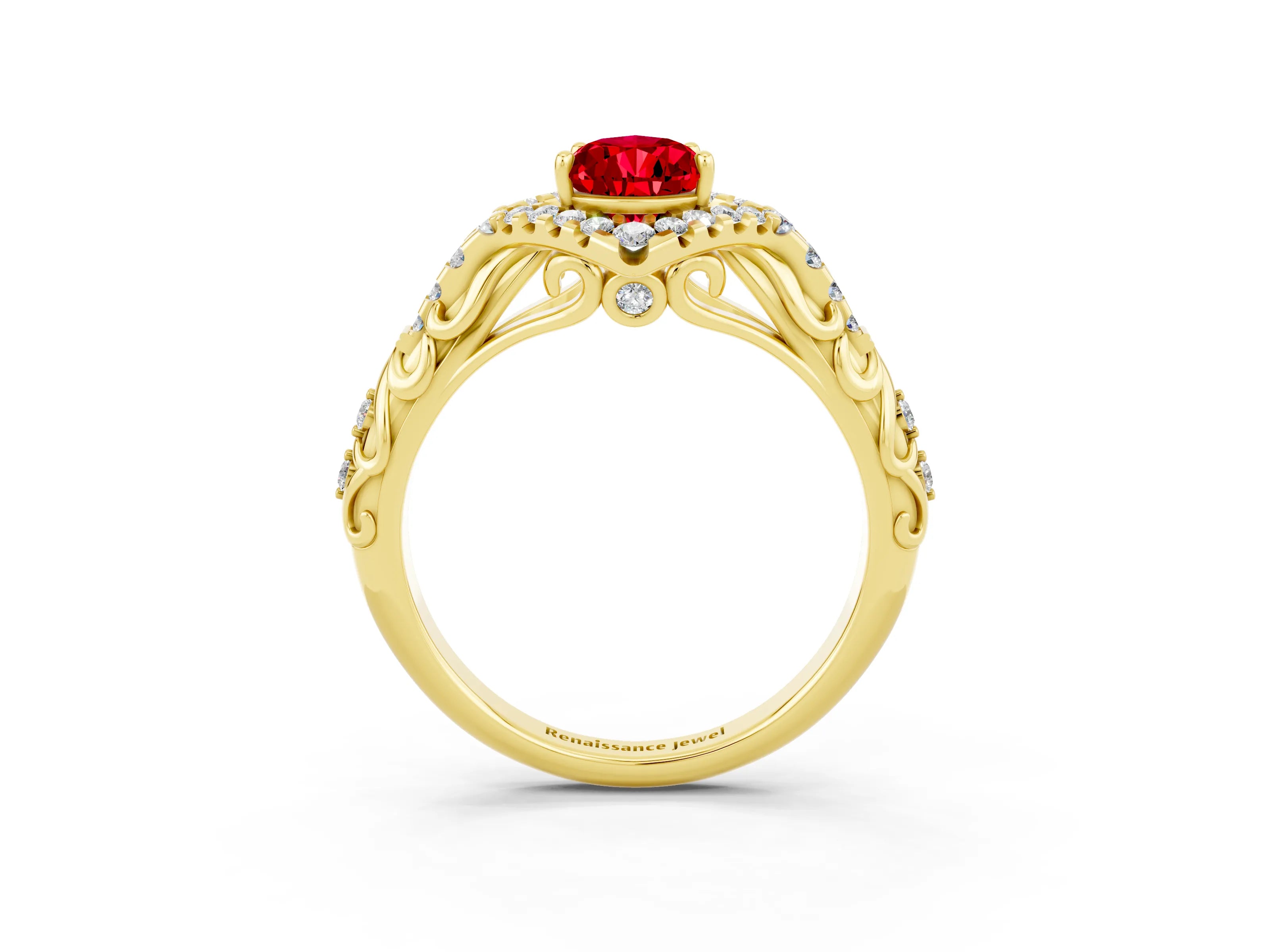 Yellow gold Pear Cut Ruby Solitaire Ring with Hidden Halo and Pavé Band_15