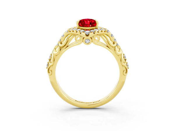 Yellow gold Pear Cut Ruby Solitaire Ring with Hidden Halo and Pavé Band