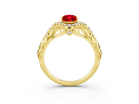 Yellow gold Pear Cut Ruby Solitaire Ring with Hidden Halo and Pavé Band_15