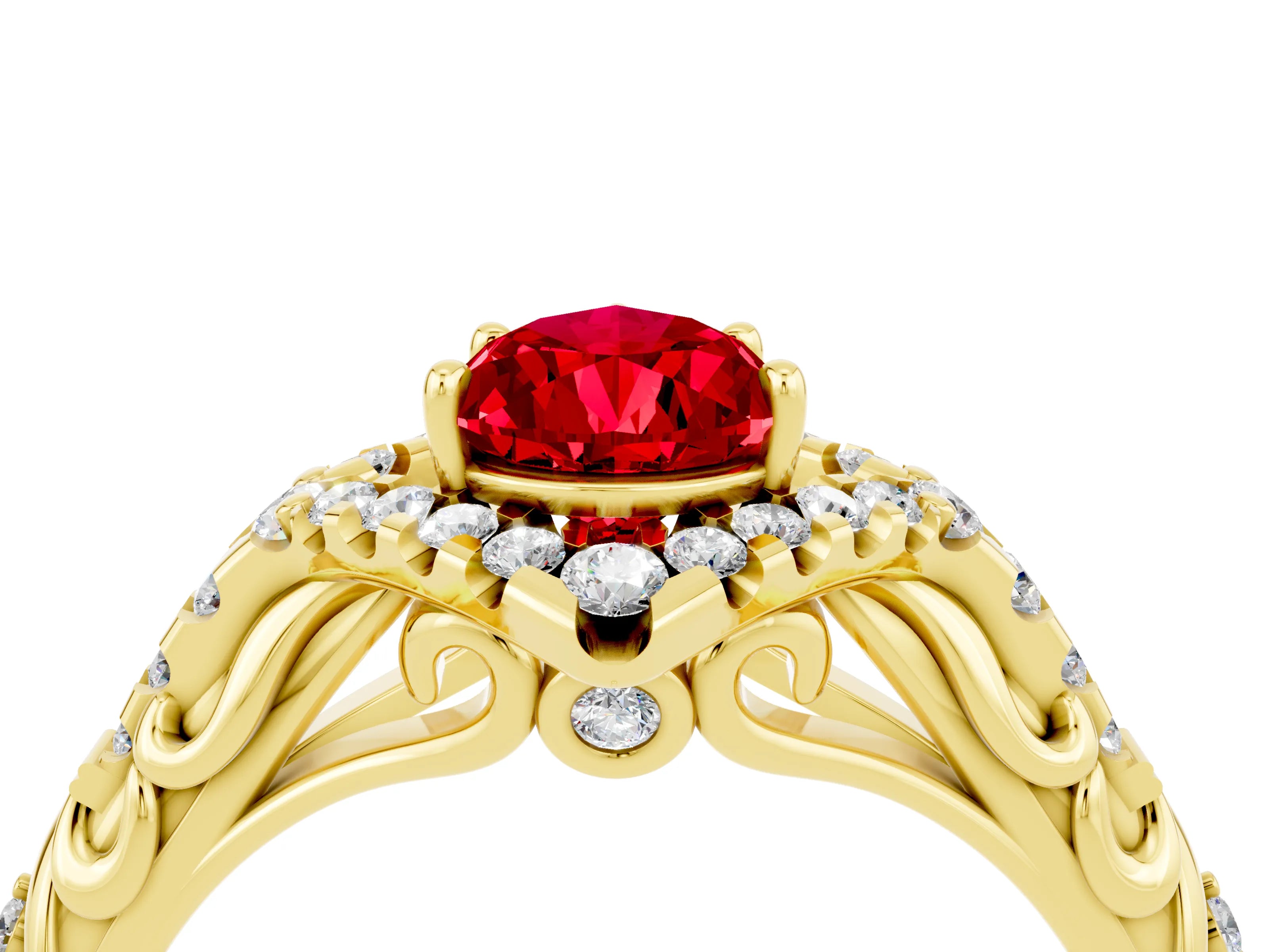 Yellow gold Pear Cut Ruby Solitaire Ring with Hidden Halo and Pavé Band_16