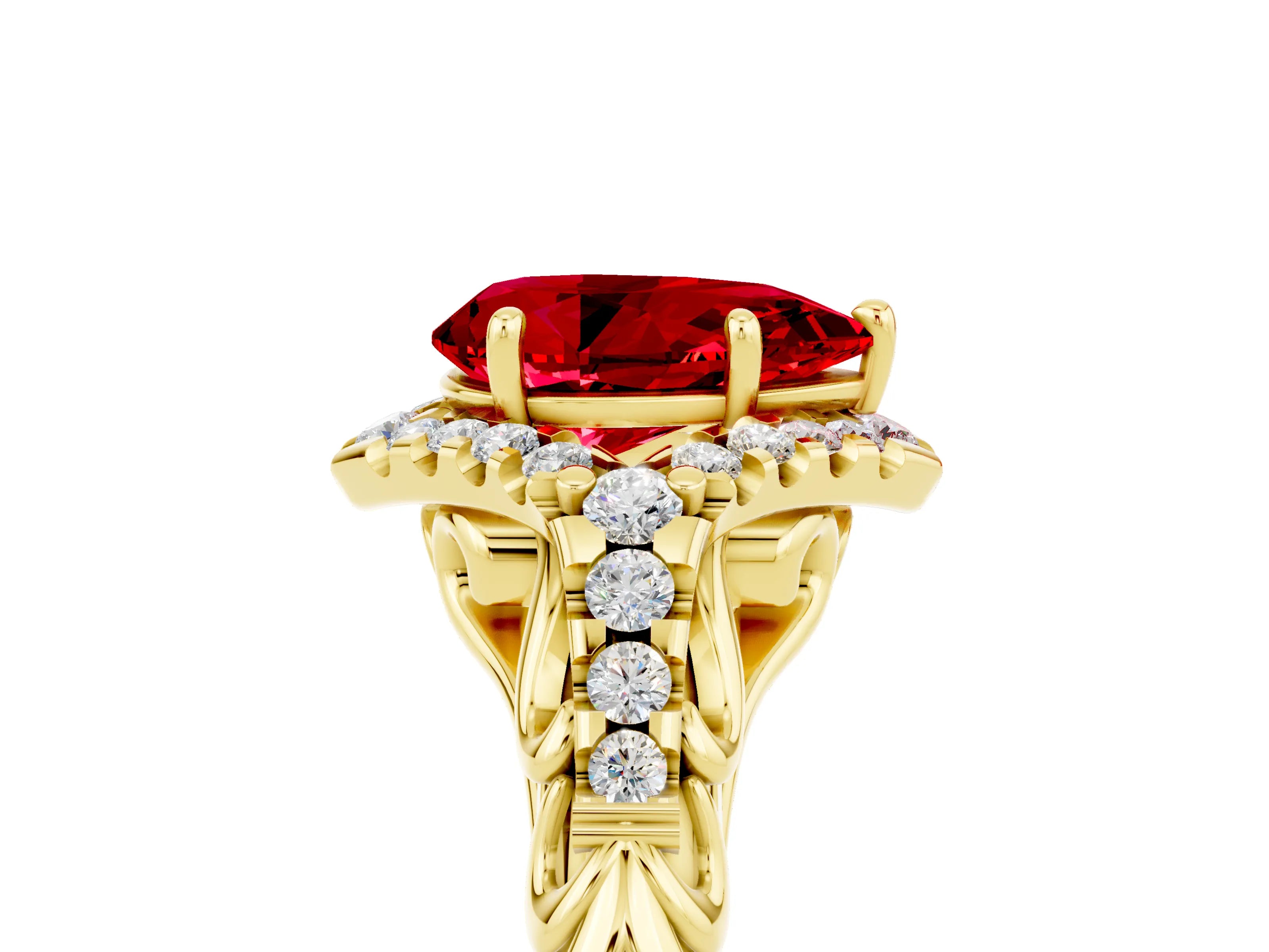 Yellow gold Pear Cut Ruby Solitaire Ring with Hidden Halo and Pavé Band_17