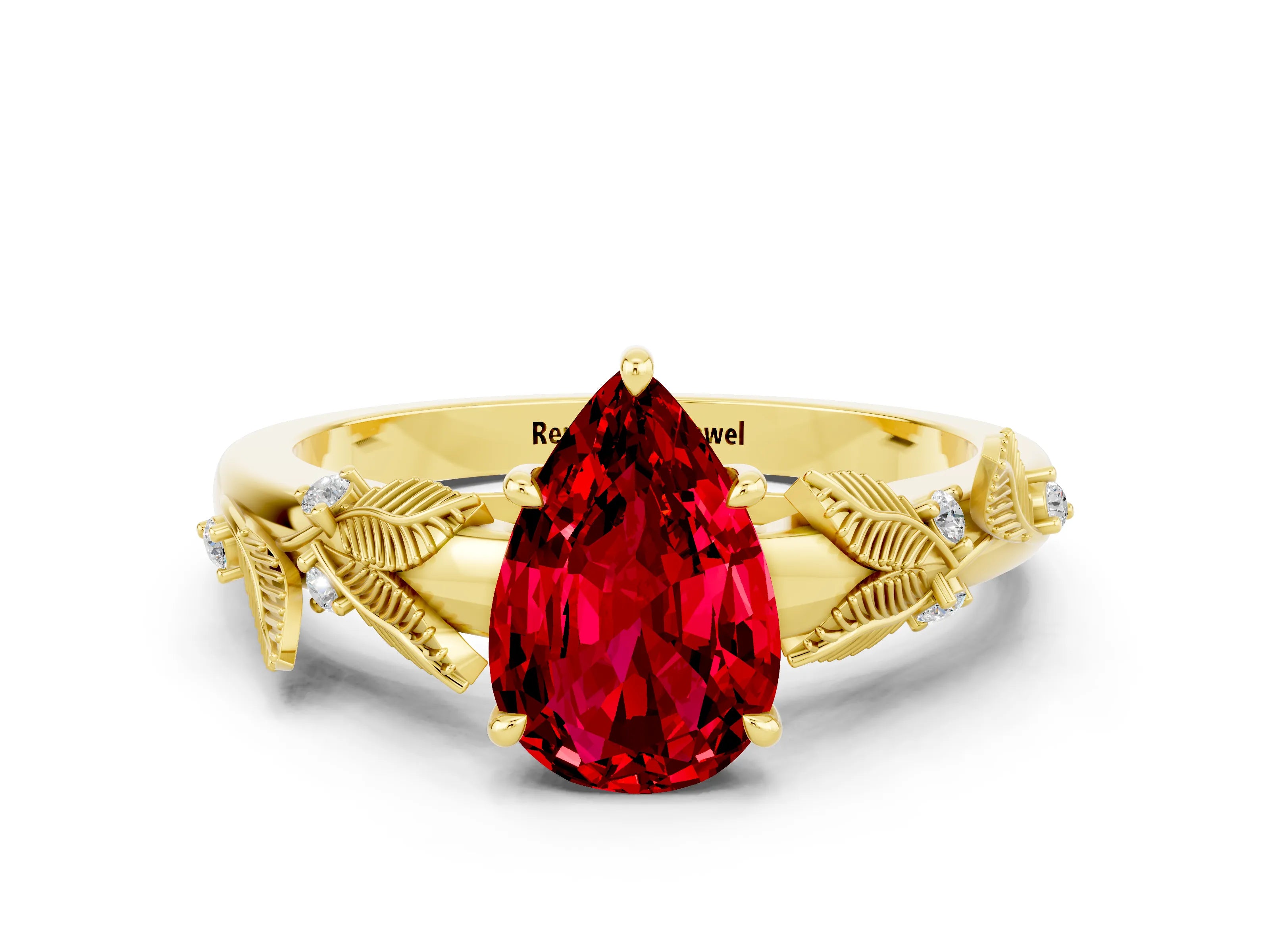 Yellow gold Pear Cut Ruby Solitaire Ring with Leaf Motif Band and Four-Prong Setting