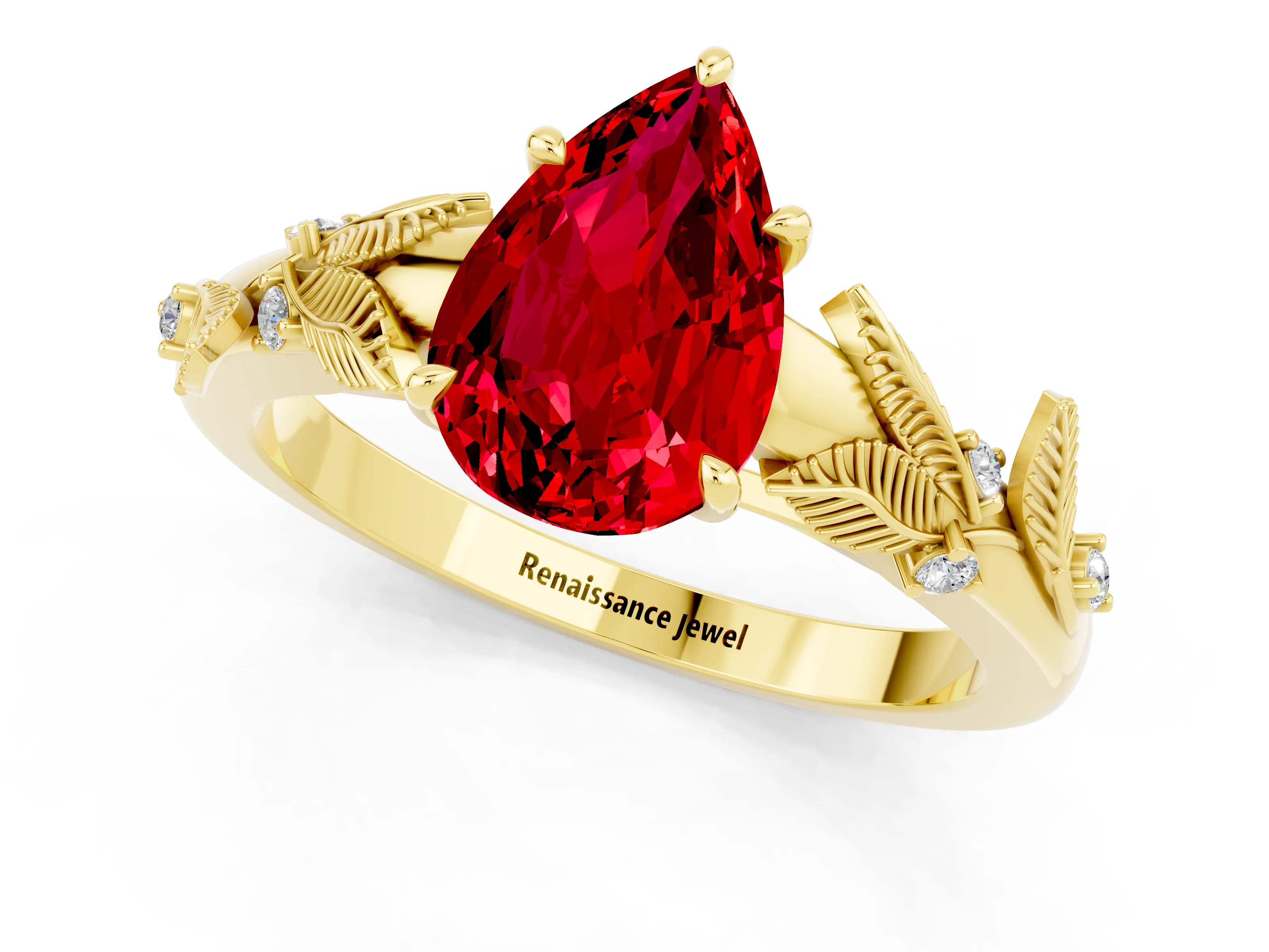 Yellow gold Pear Cut Ruby Solitaire Ring with Leaf Motif Band and Four-Prong Setting_1