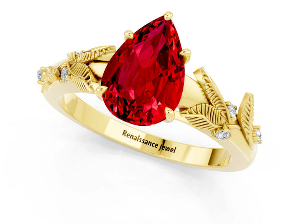 Yellow gold Pear Cut Ruby Solitaire Ring with Leaf Motif Band and Four-Prong Setting