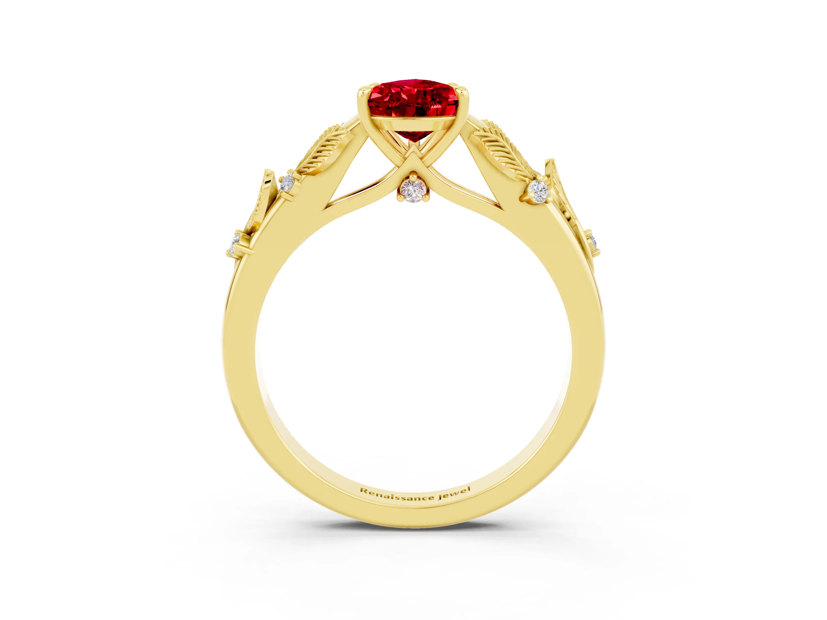 Yellow gold Pear Cut Ruby Solitaire Ring with Leaf Motif Band and Four-Prong Setting_3