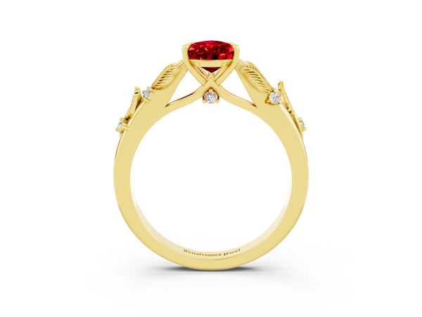 Yellow gold Pear Cut Ruby Solitaire Ring with Leaf Motif Band and Four-Prong Setting