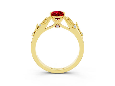 Yellow gold Pear Cut Ruby Solitaire Ring with Leaf Motif Band and Four-Prong Setting_3