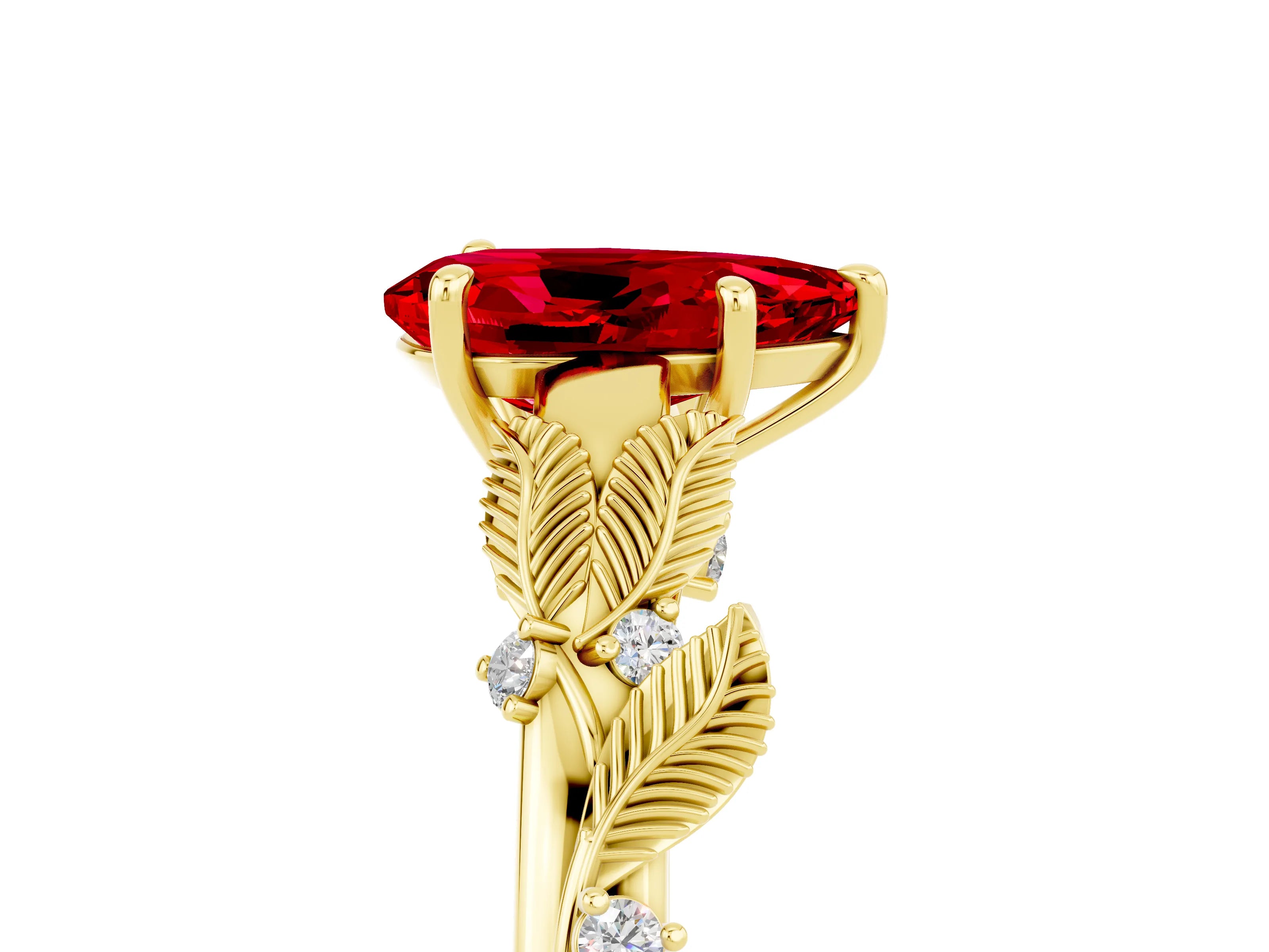 Yellow gold Pear Cut Ruby Solitaire Ring with Leaf Motif Band and Four-Prong Setting_5