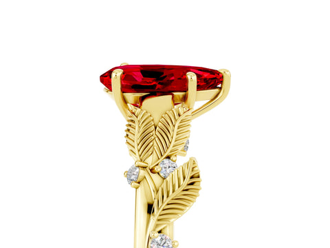 Yellow gold Pear Cut Ruby Solitaire Ring with Leaf Motif Band and Four-Prong Setting_5