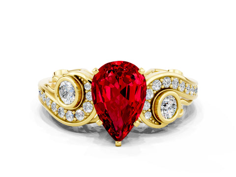 Yellow gold Pear Cut Ruby Solitaire Ring with Milgrain Pavé Band and Four-Prong Setting_24