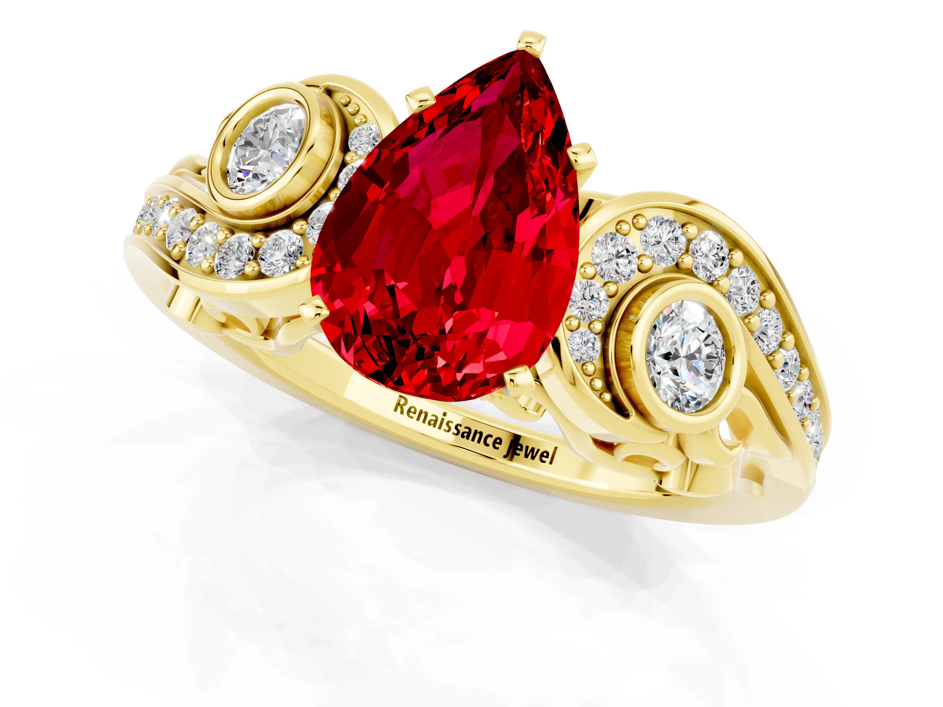 Yellow gold Pear Cut Ruby Solitaire Ring with Milgrain Pavé Band and Four-Prong Setting_25