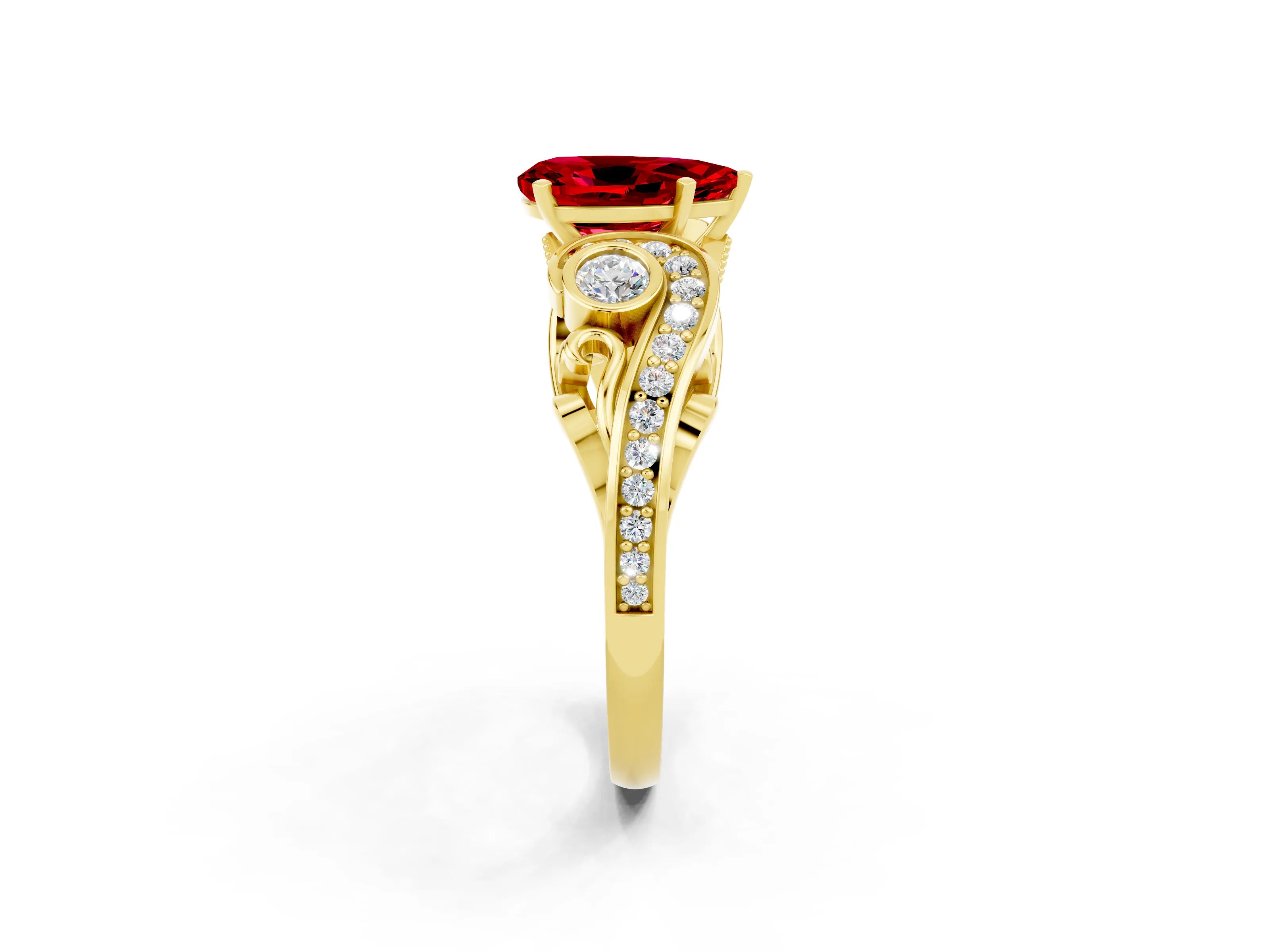 Yellow gold Pear Cut Ruby Solitaire Ring with Milgrain Pavé Band and Four-Prong Setting_26