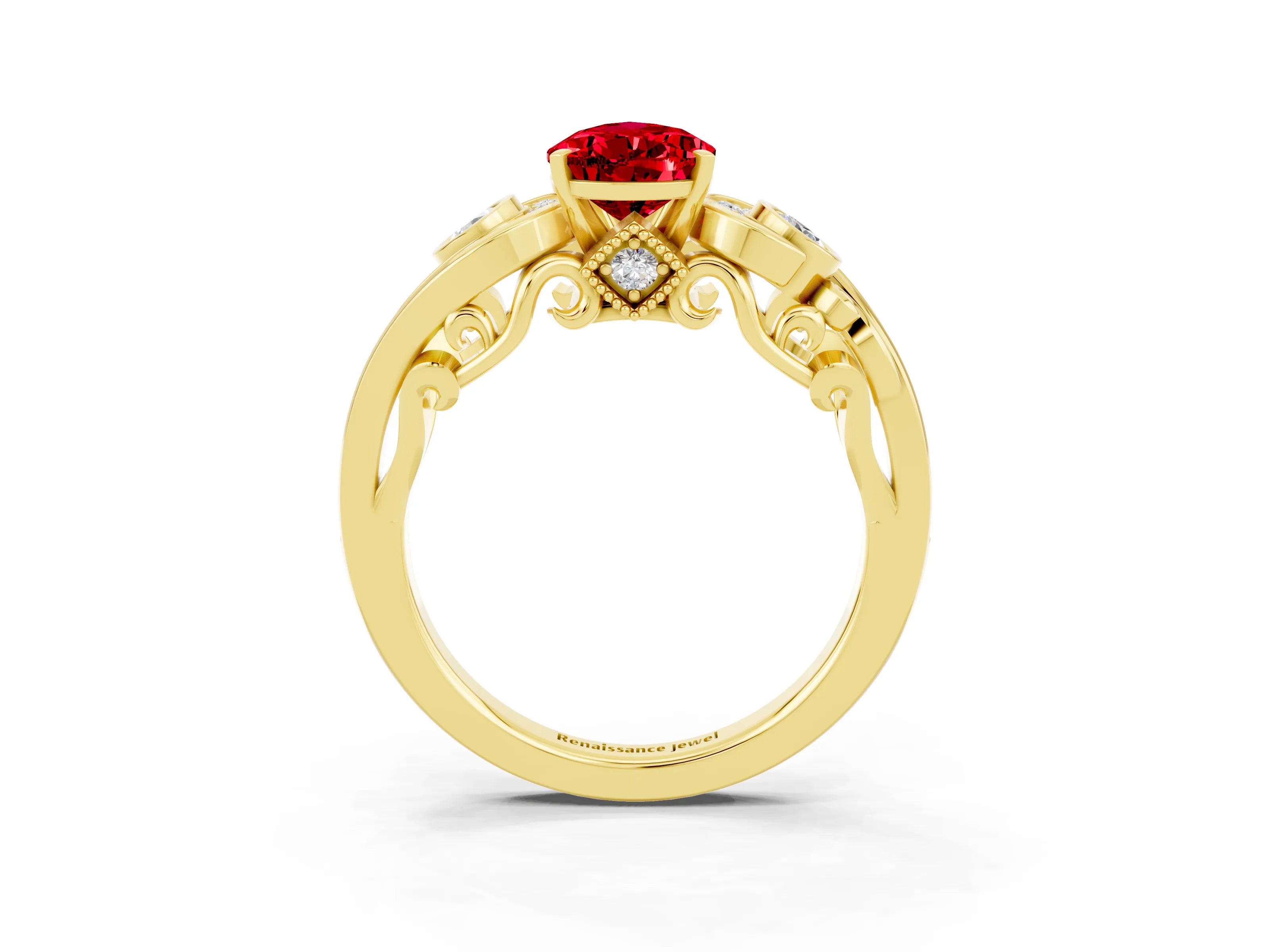 Yellow gold Pear Cut Ruby Solitaire Ring with Milgrain Pavé Band and Four-Prong Setting_27