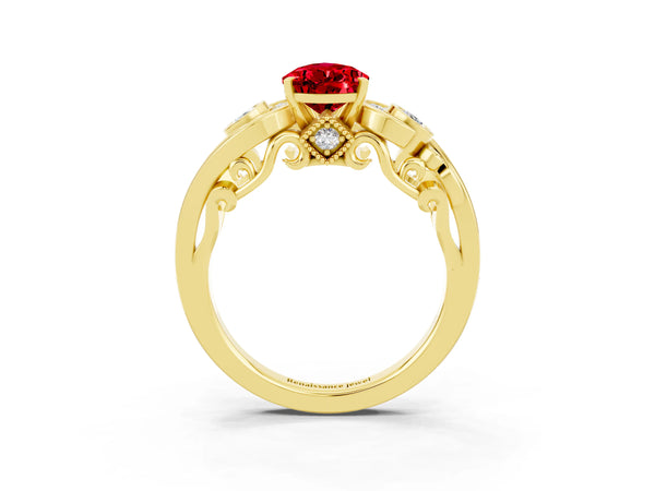 Yellow gold Pear Cut Ruby Solitaire Ring with Milgrain Pavé Band and Four-Prong Setting
