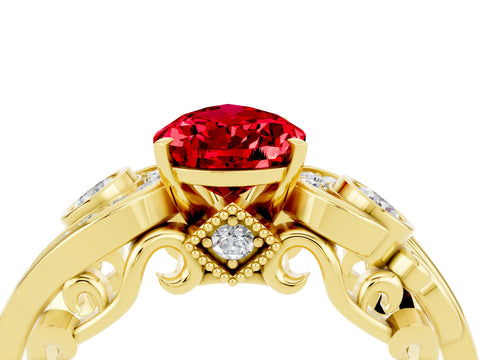 Yellow gold Pear Cut Ruby Solitaire Ring with Milgrain Pavé Band and Four-Prong Setting_28