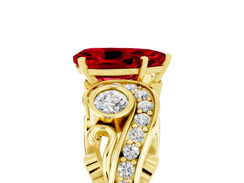 Yellow gold Pear Cut Ruby Solitaire Ring with Milgrain Pavé Band and Four-Prong Setting_29