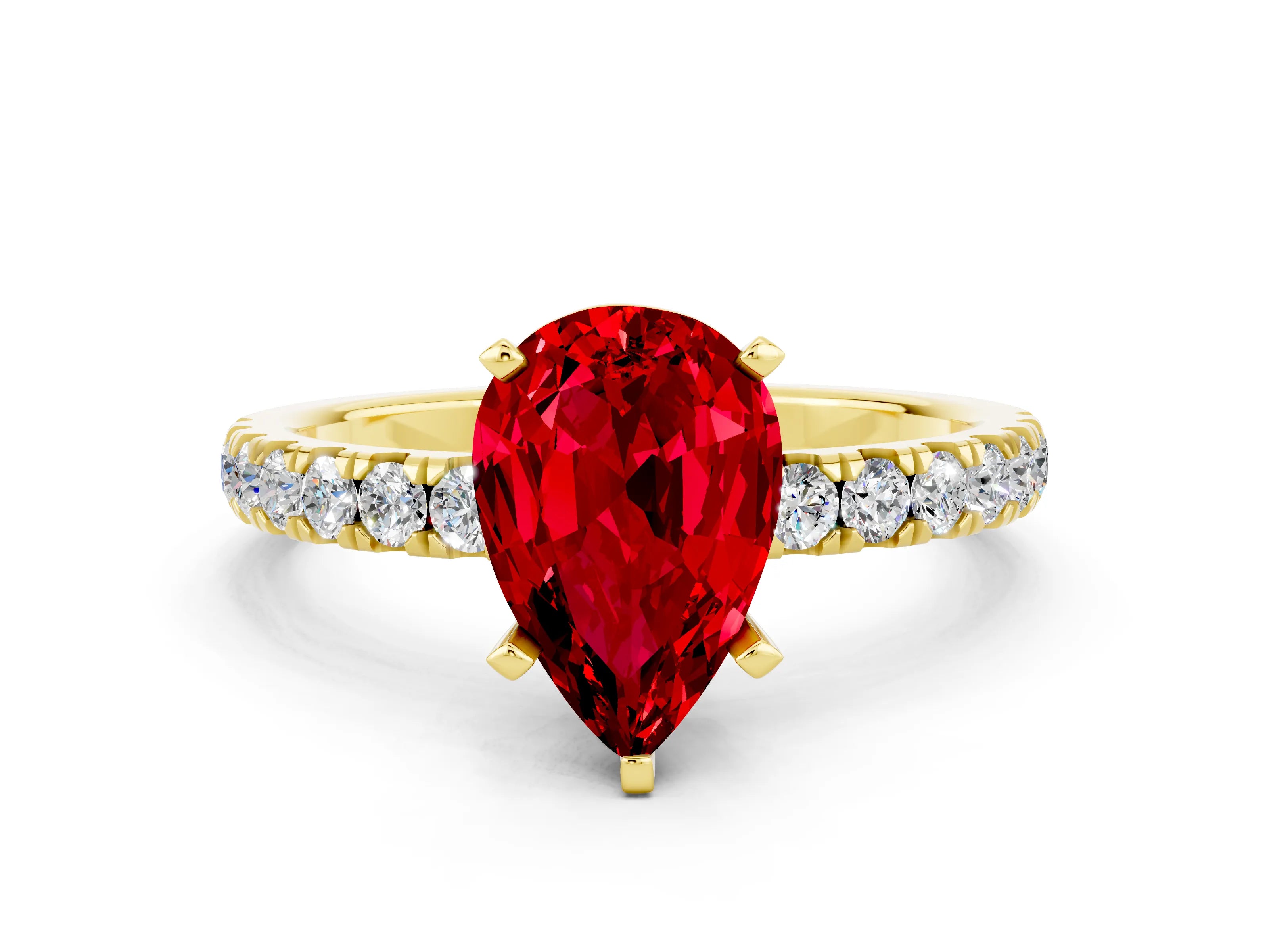 Yellow gold Pear Cut Ruby Solitaire Ring with Pavé Accents and Four-Prong Setting