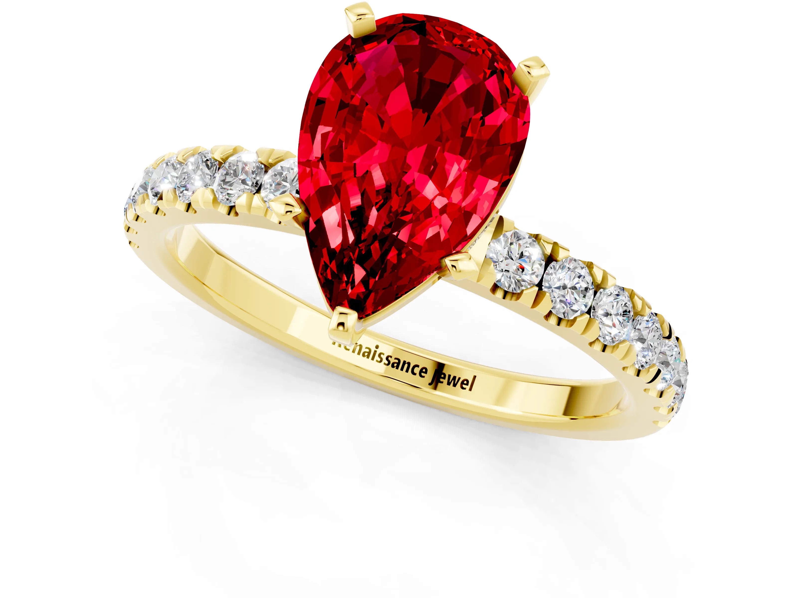 Yellow gold Pear Cut Ruby Solitaire Ring with Pavé Accents and Four-Prong Setting_1