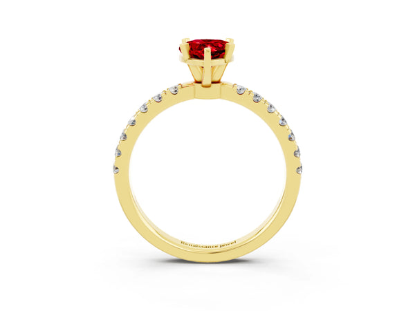 Yellow gold Pear Cut Ruby Solitaire Ring with Pavé Accents and Four-Prong Setting