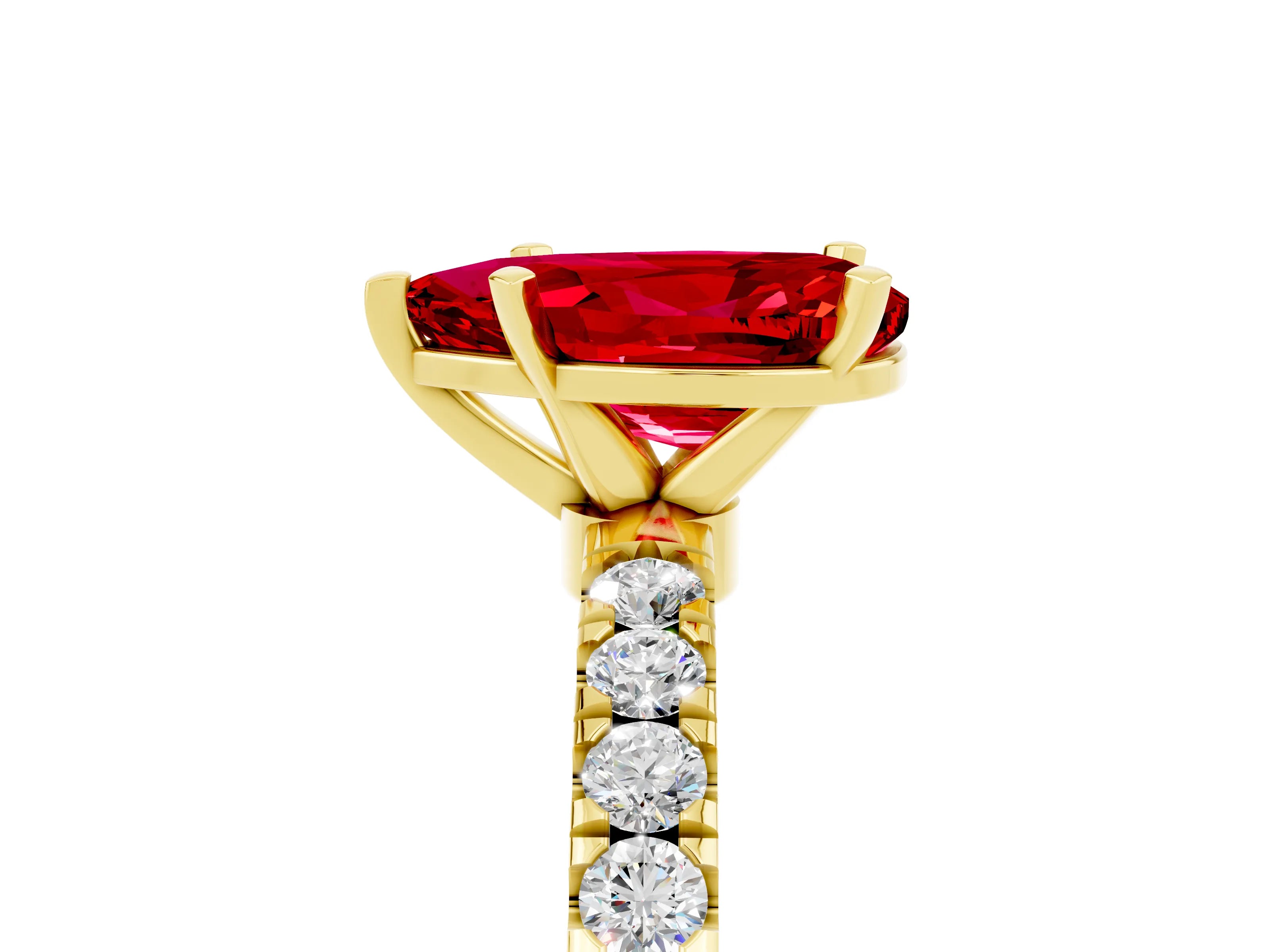 Yellow gold Pear Cut Ruby Solitaire Ring with Pavé Accents and Four-Prong Setting_5