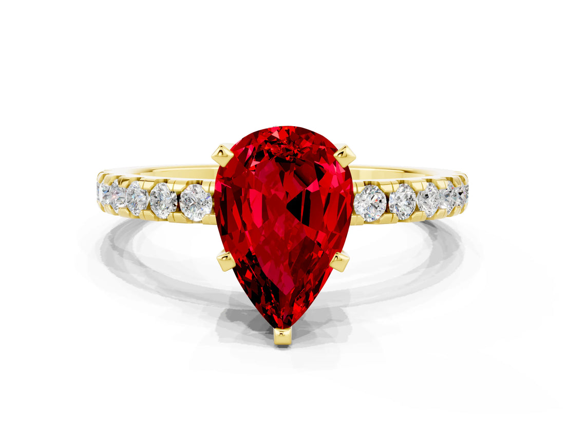 Yellow gold Pear Cut Ruby Solitaire Ring with Pavé Band and Four-Prong Setting_12