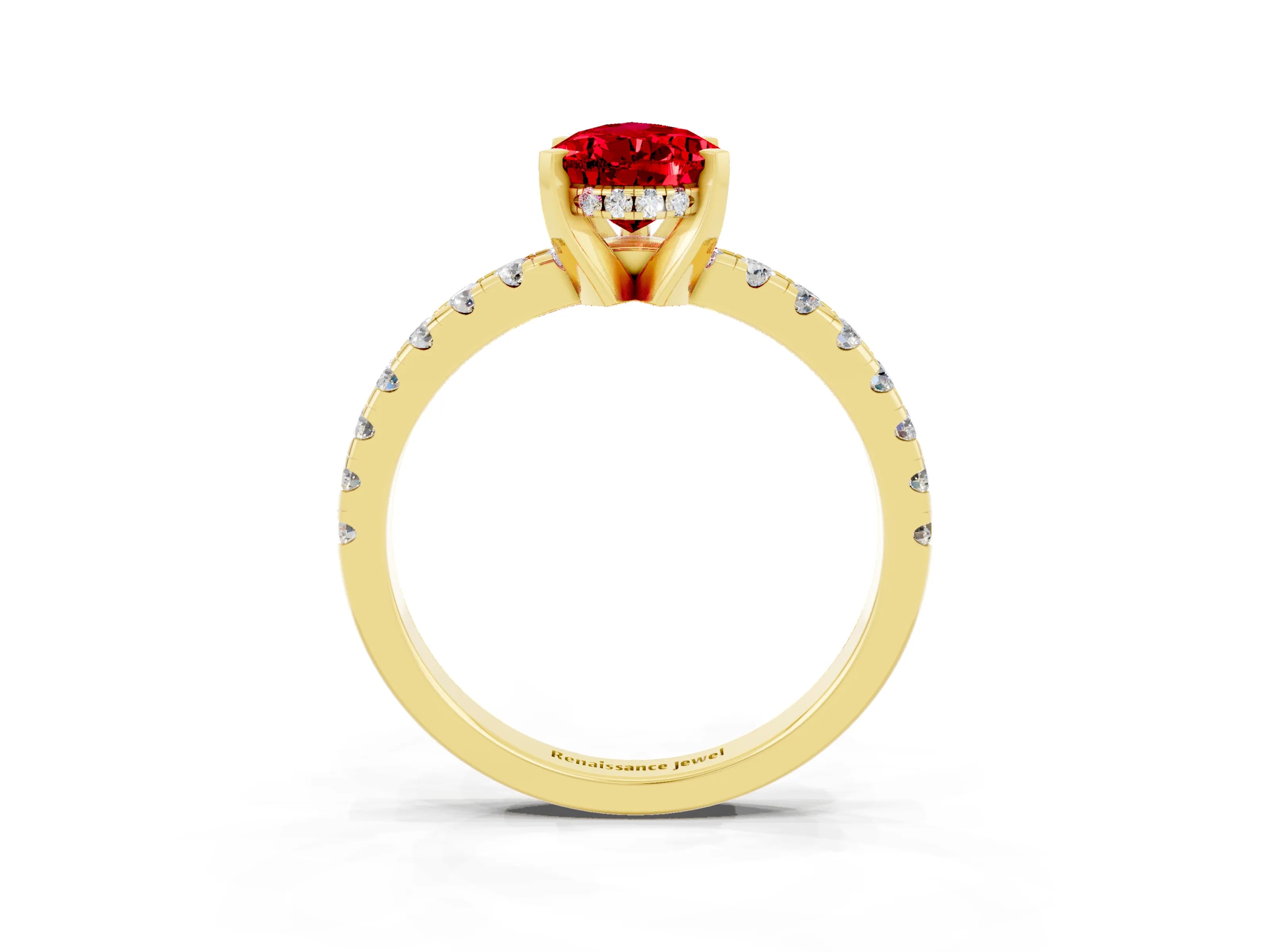 Yellow gold Pear Cut Ruby Solitaire Ring with Pavé Band and Four-Prong Setting_15