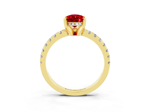 Yellow gold Pear Cut Ruby Solitaire Ring with Round  Pavé Band and Four-Prong Setting