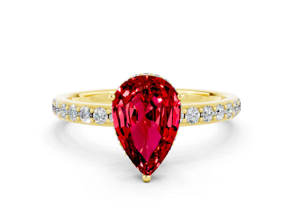 Yellow gold Pear Cut Ruby Solitaire Ring with Pavé Band and Hidden Halo