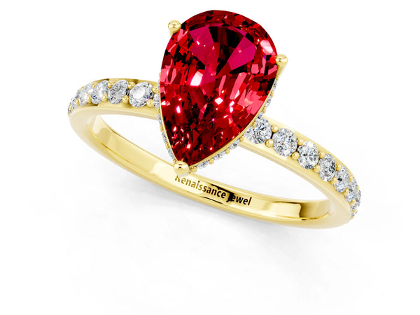 Yellow gold Pear Cut Ruby Solitaire Ring with Pavé Band and Hidden Halo