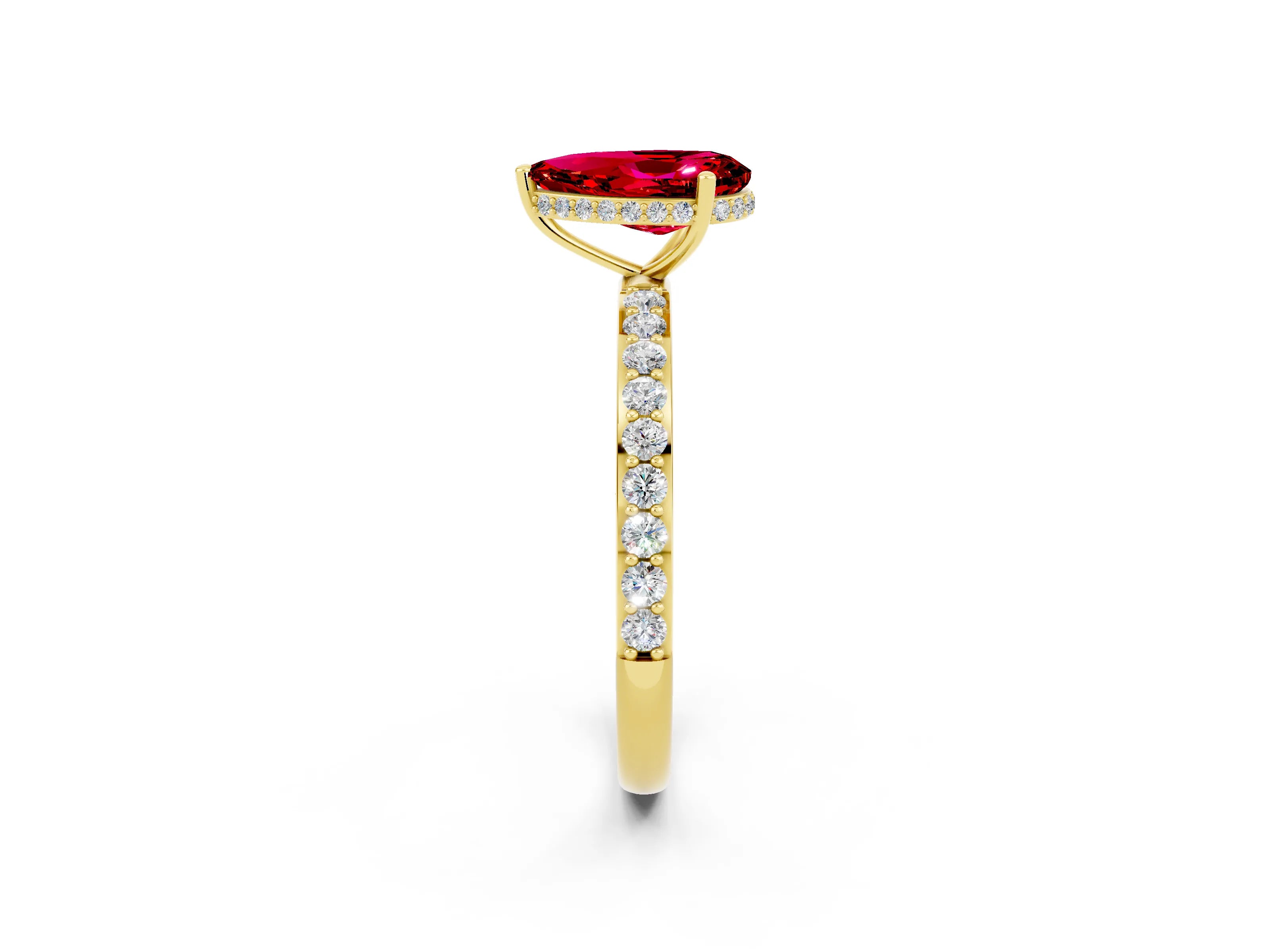 Yellow gold Pear Cut Ruby Solitaire Ring with Pavé Band and Hidden Halo_14