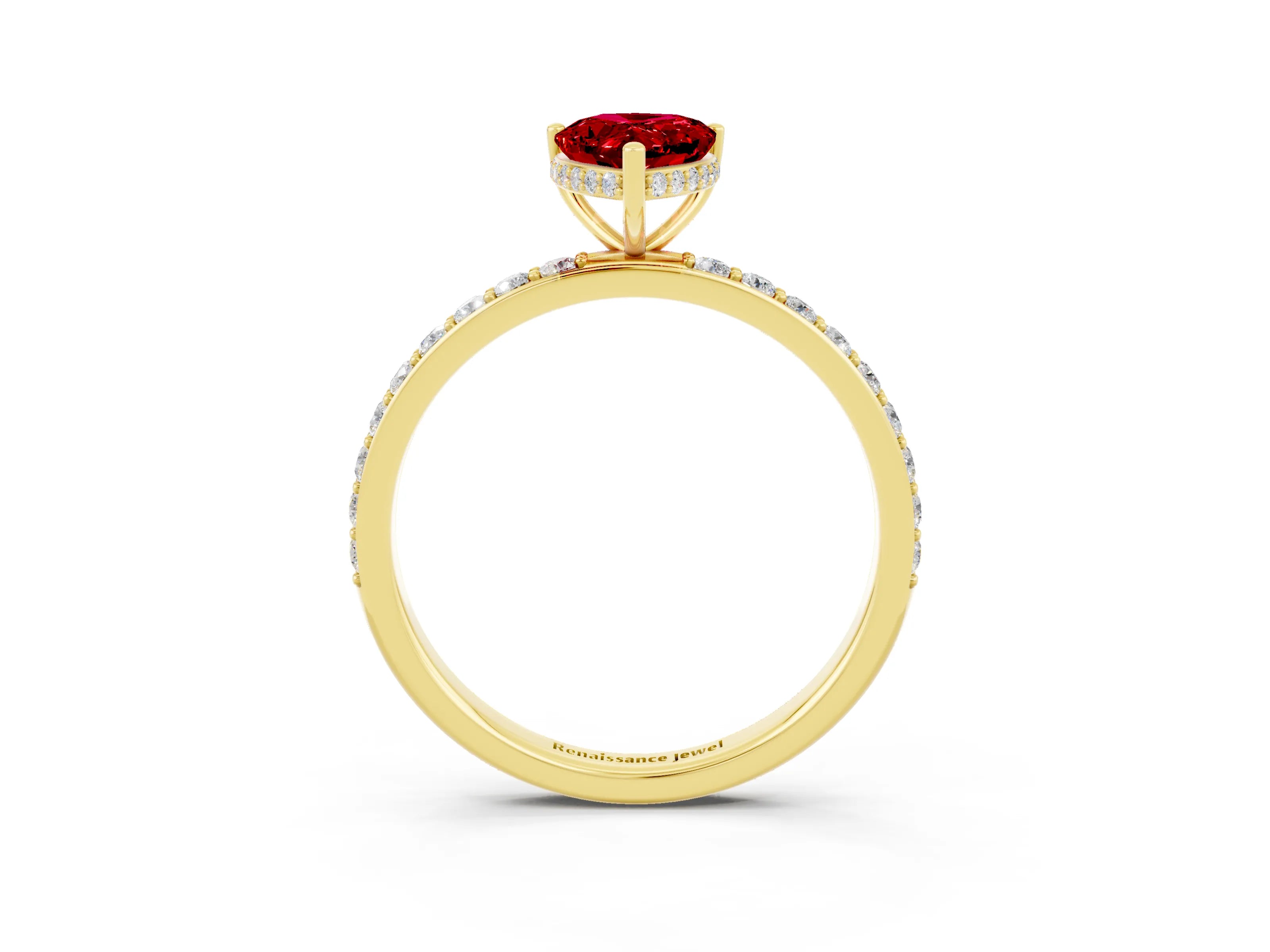Yellow gold Pear Cut Ruby Solitaire Ring with Pavé Band and Hidden Halo_15