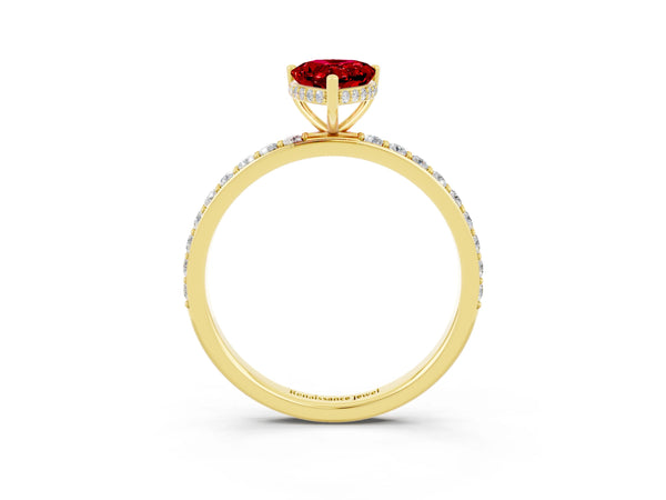 Yellow gold Pear Cut Ruby Solitaire Ring with Pavé Band and Hidden Halo