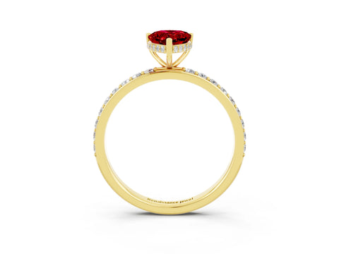 Yellow gold Pear Cut Ruby Solitaire Ring with Pavé Band and Hidden Halo_15