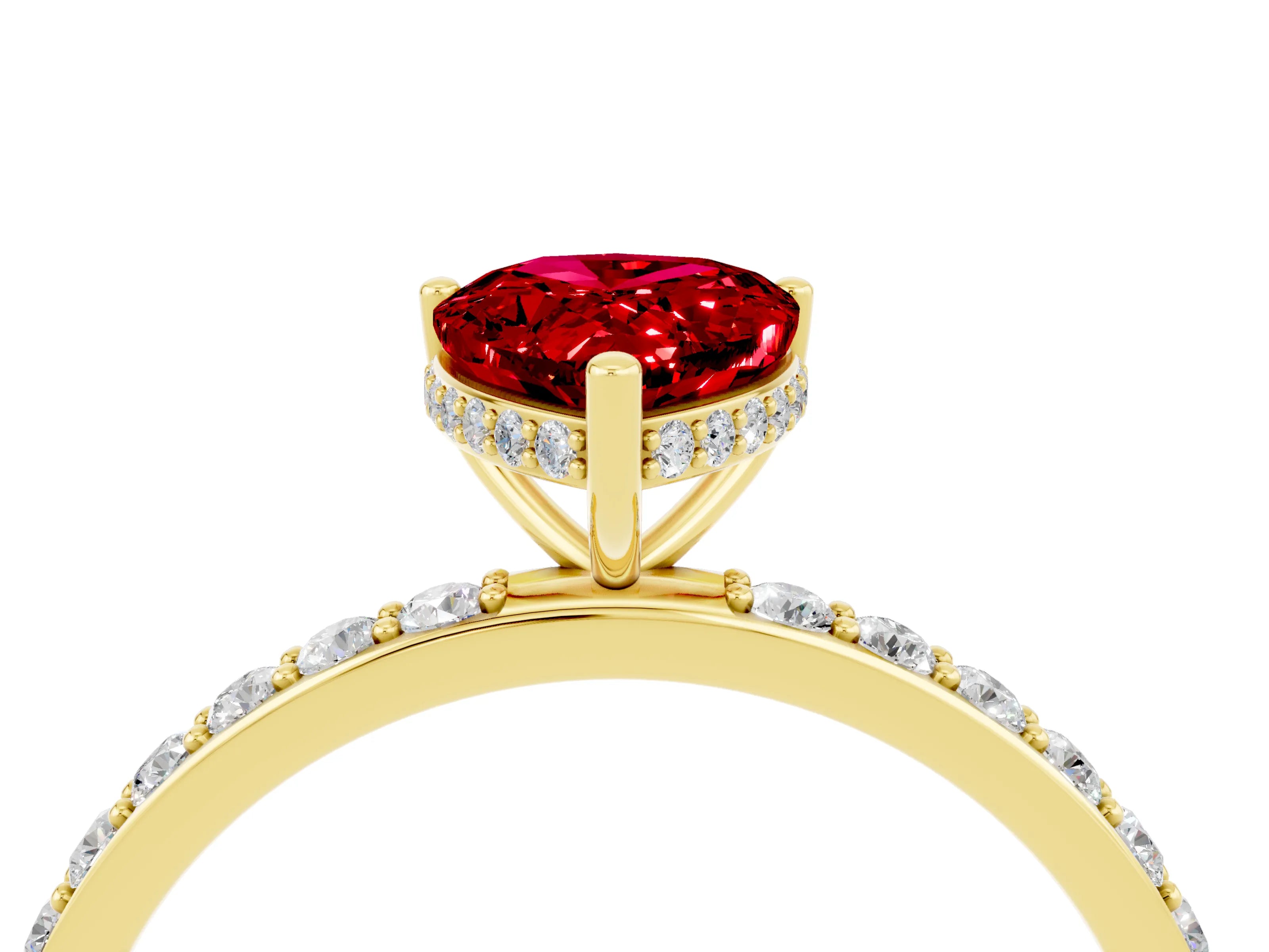 Yellow gold Pear Cut Ruby Solitaire Ring with Pavé Band and Hidden Halo_16