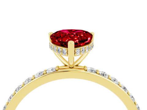 Yellow gold Pear Cut Ruby Solitaire Ring with Pavé Band and Hidden Halo_16