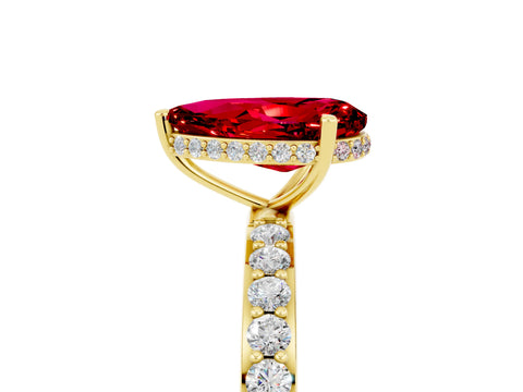 Yellow gold Pear Cut Ruby Solitaire Ring with Pavé Band and Hidden Halo_17