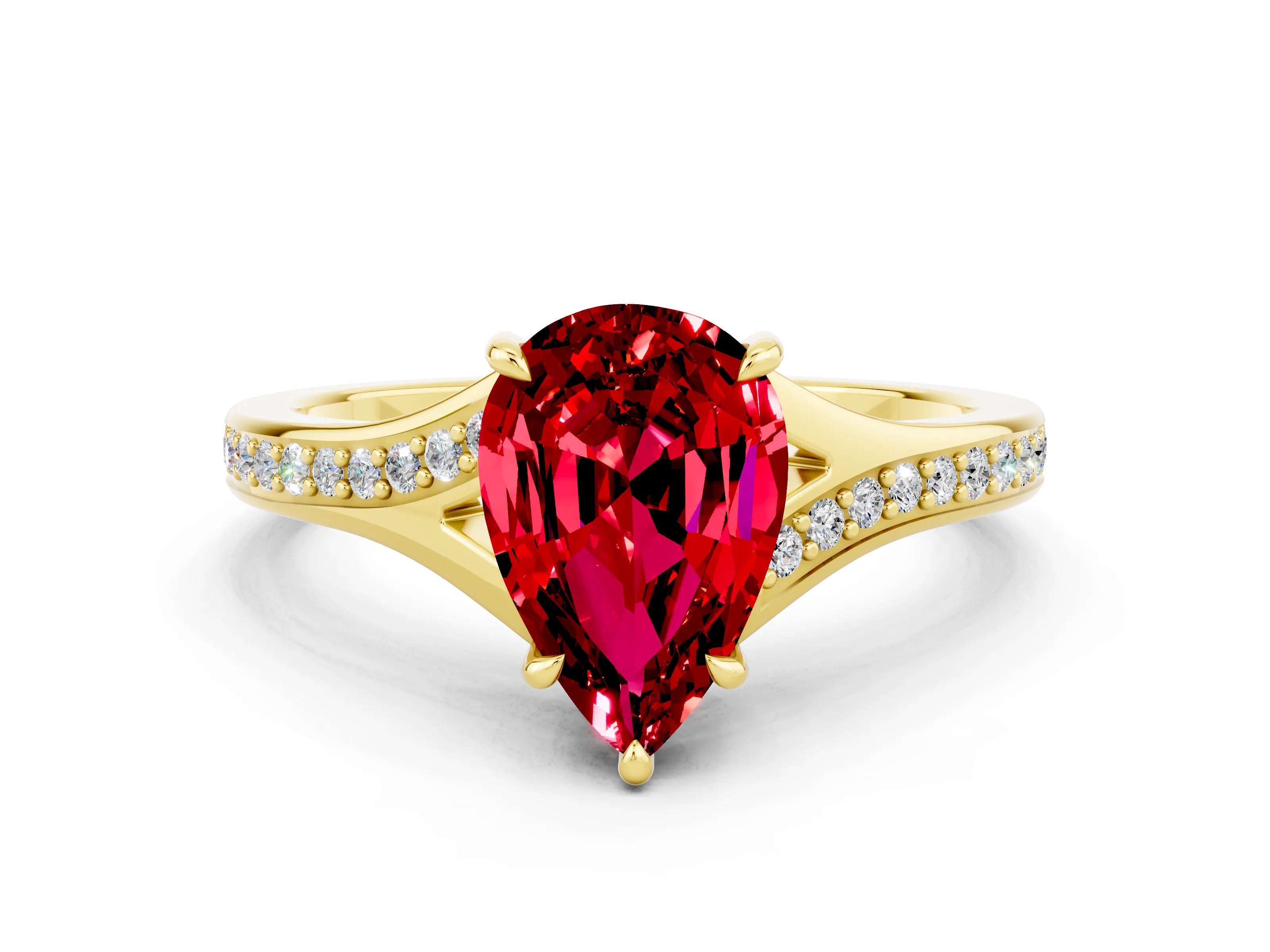Yellow gold Pear Cut Ruby Solitaire Ring with Pavé Band and Prong Setting