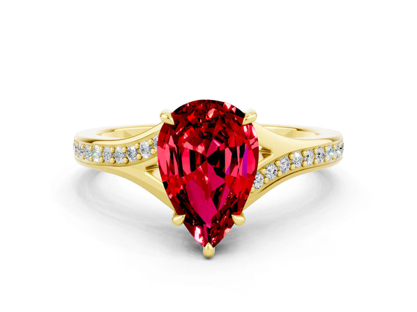 Yellow gold Pear Cut Ruby Solitaire Ring with Pavé Band and Prong Setting