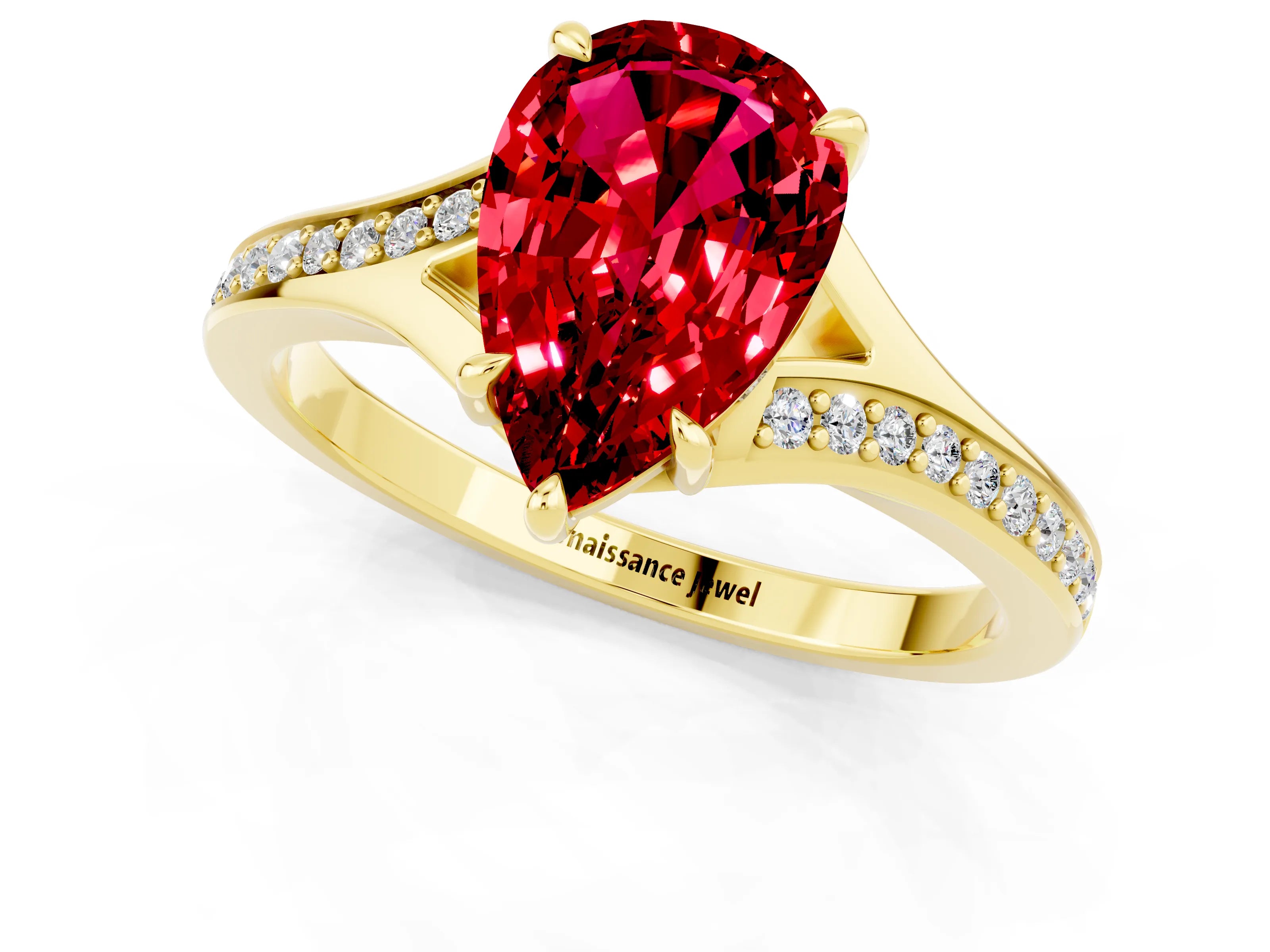 Yellow gold Pear Cut Ruby Solitaire Ring with Pavé Band and Prong Setting_1