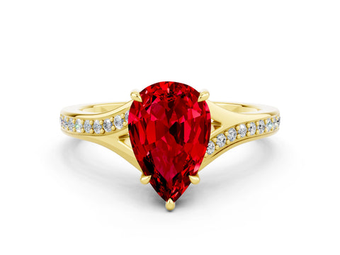 Yellow gold Pear Cut Ruby Solitaire Ring with Pavé Band and Prong Setting_12