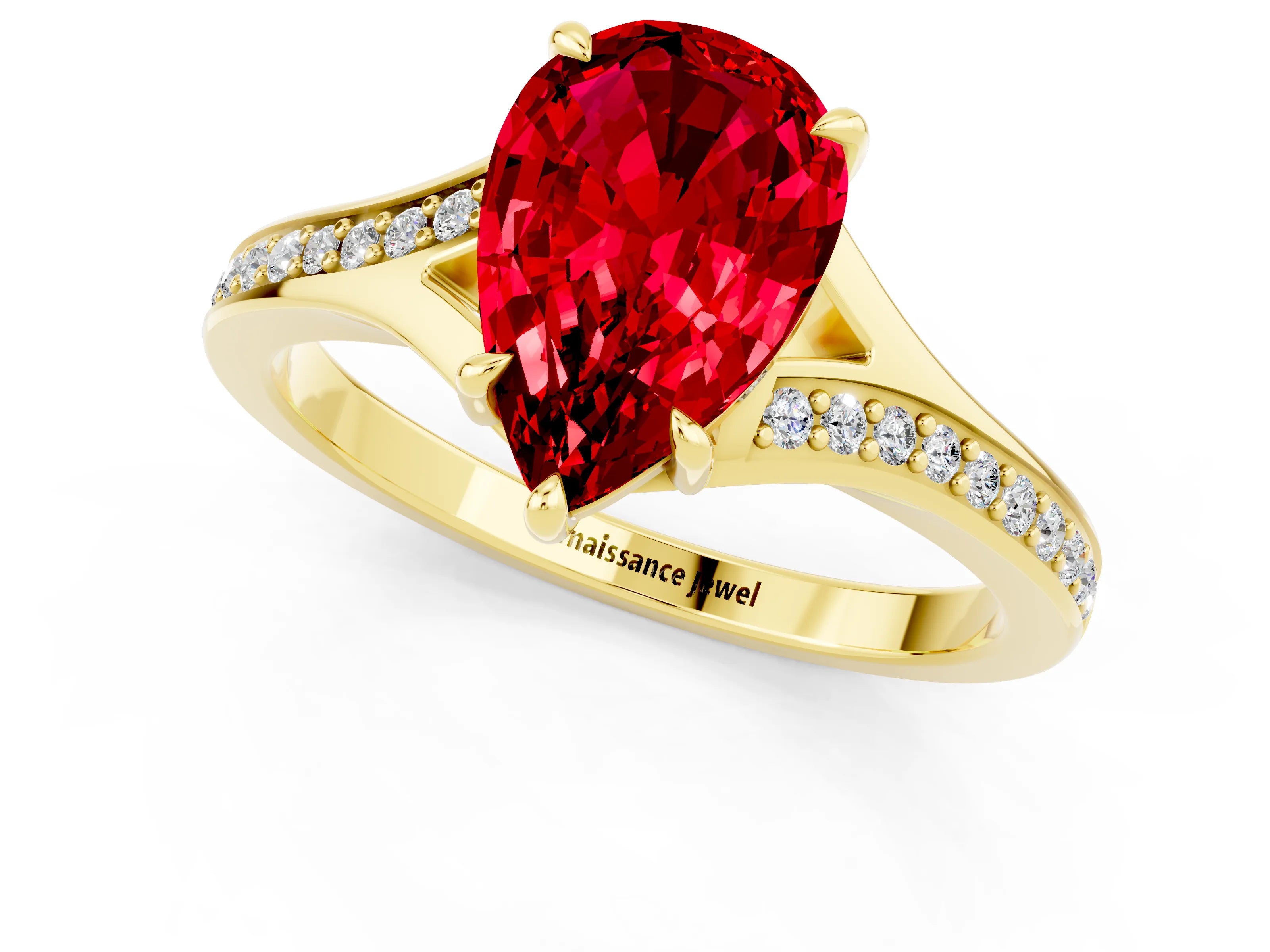 Yellow gold Pear Cut Ruby Solitaire Ring with Pavé Band and Prong Setting_13
